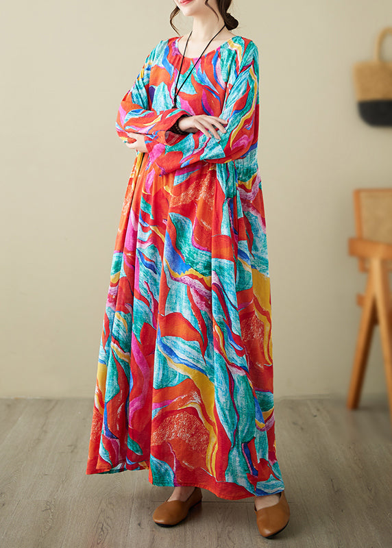 Holiday Style Red O-neck Print Loose Cotton Long Dress Summer Ap070