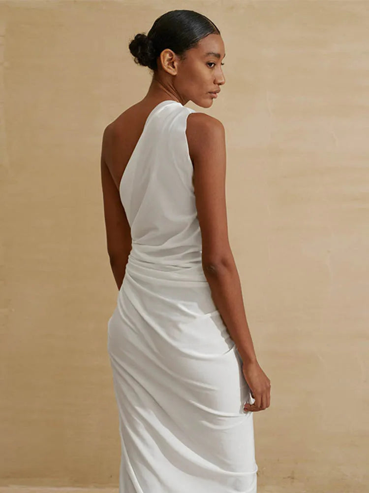 Hollow Out White One Shoulder Sleeveless Y2k Nightclub Midi Dresses