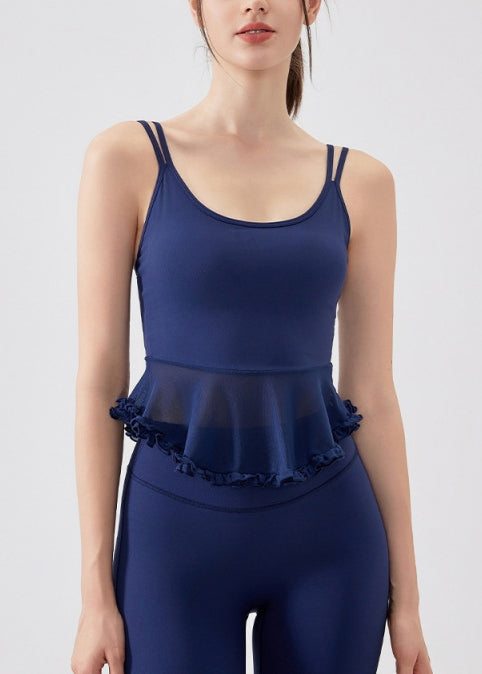 Hot Navy Ruffled Patchwork Sports Bra