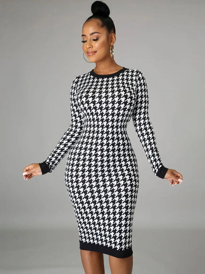 Houndstooth Long Sleeve Hollow Out Bodycon Autumn Winter Club Slim Midi Dresses