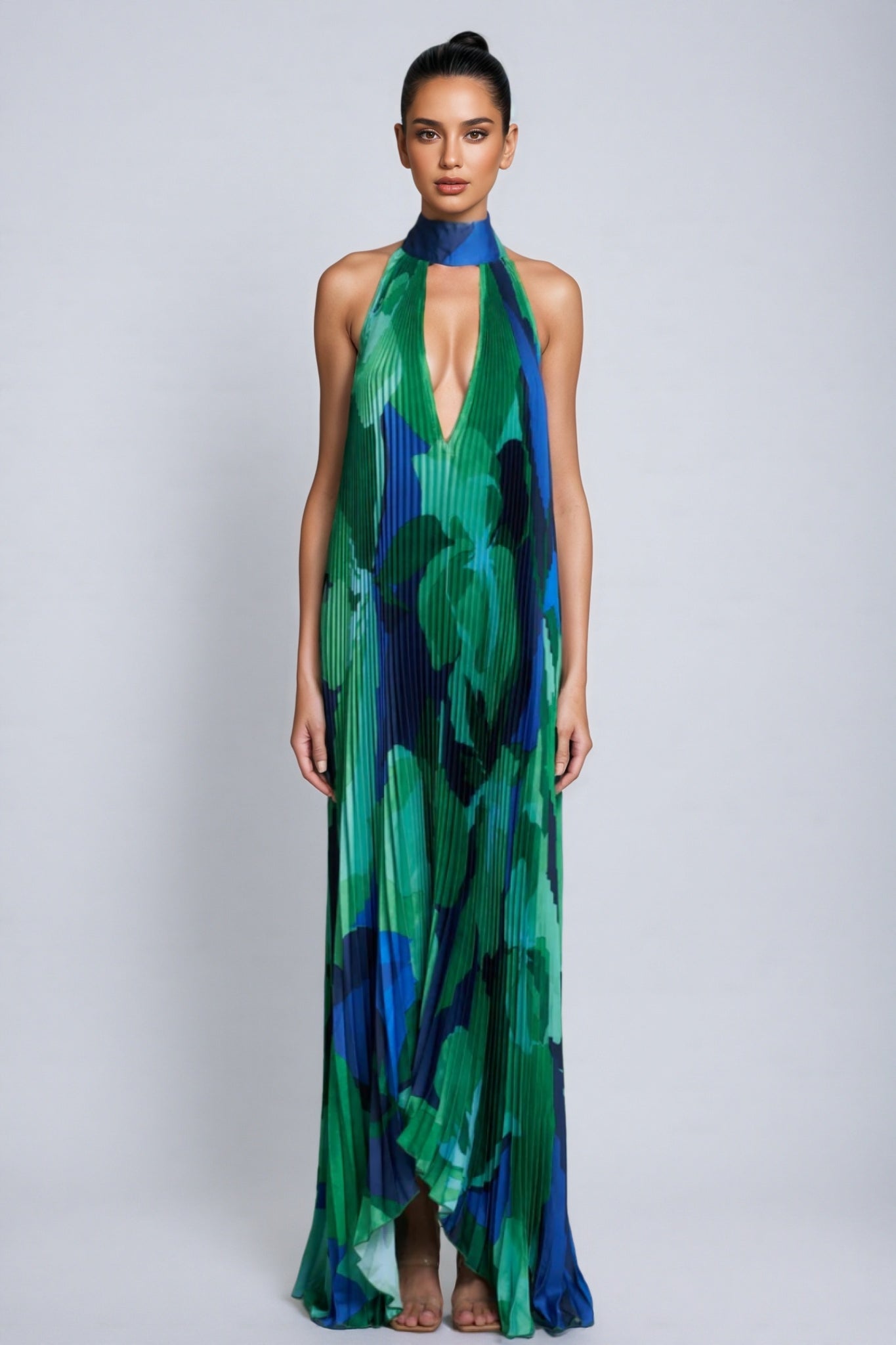 Cami Irregularly Pleated Printed Maxi Dress-green