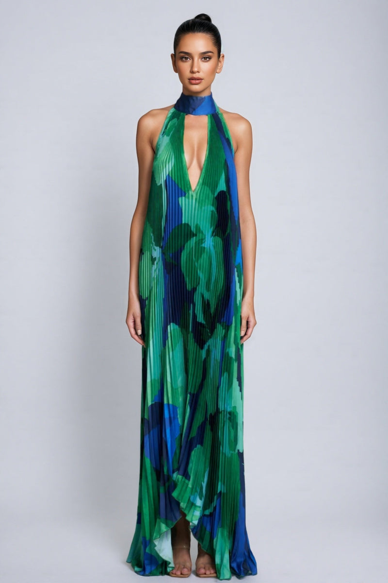 Cami Irregularly Pleated Printed Maxi Dress-green