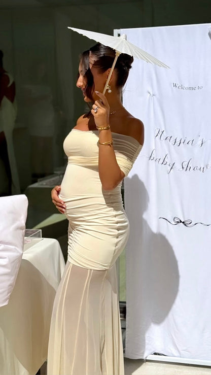 Michaela | Maternity Off-shoulder Pleated Mesh Maxi Dress