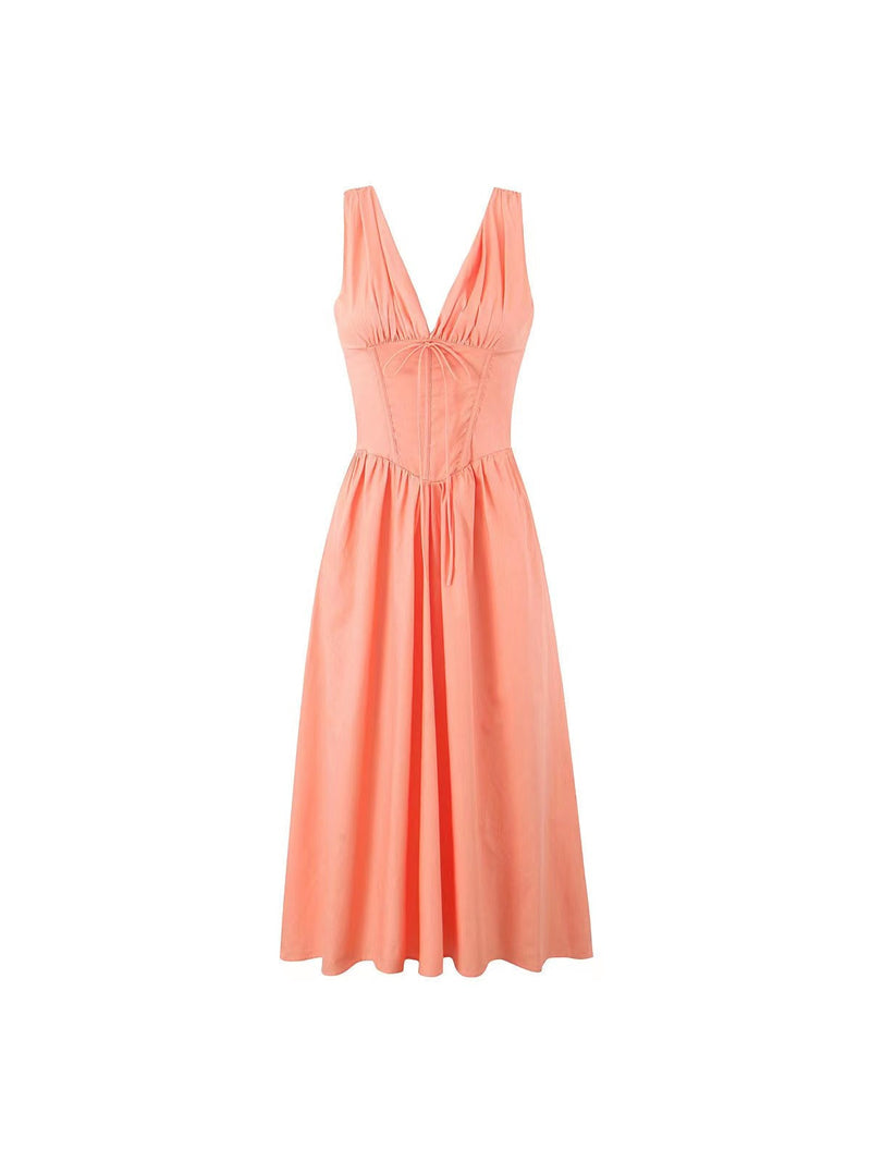 V Neck Boning Corset Flare Midi Dress