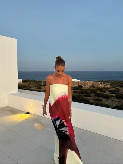 Print Backless Tube Belt Maxi Dress