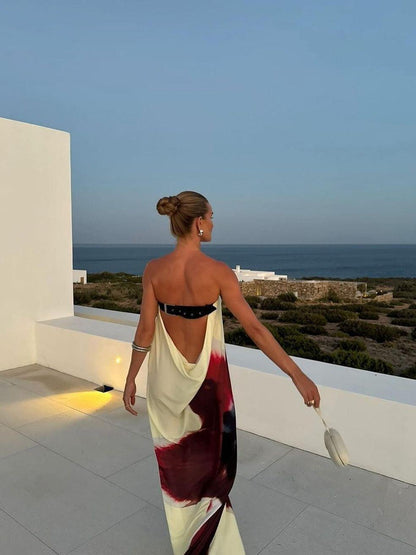 Print Backless Tube Belt Maxi Dress
