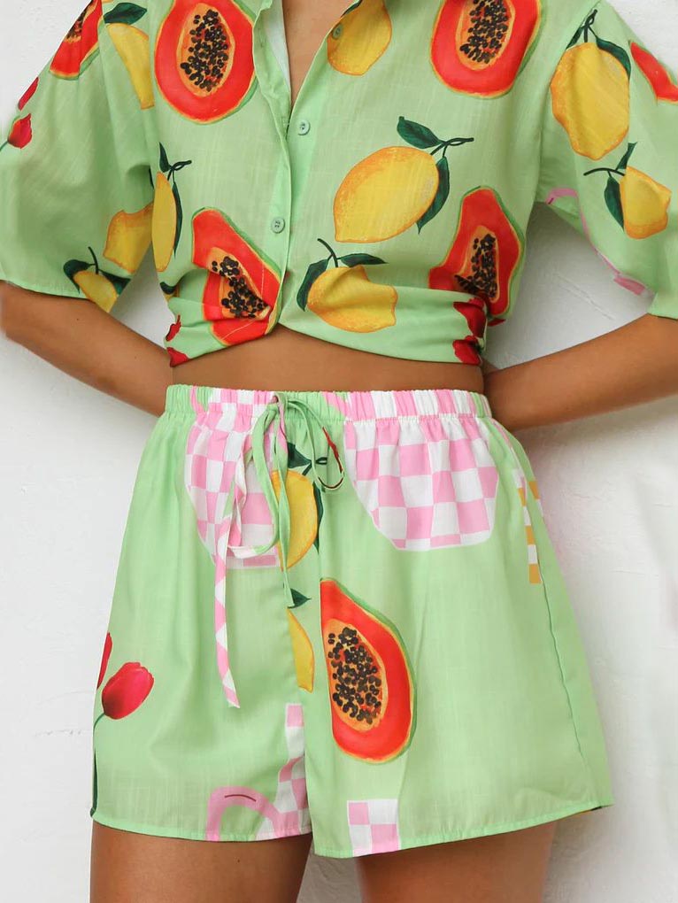 Printed Cardigan Shirt Shorts Set