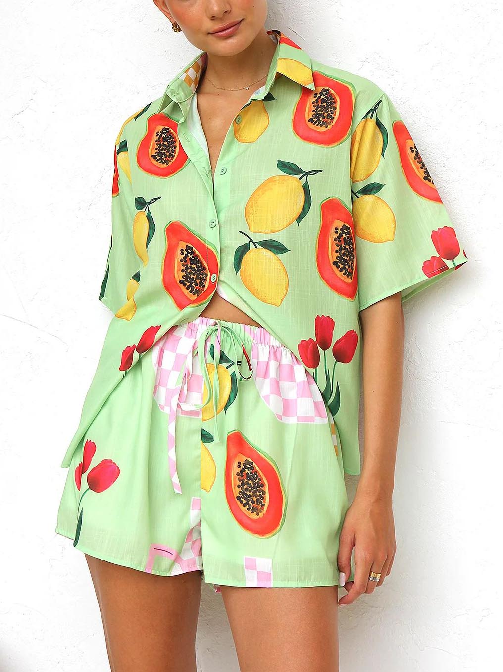 Printed Cardigan Shirt Shorts Set