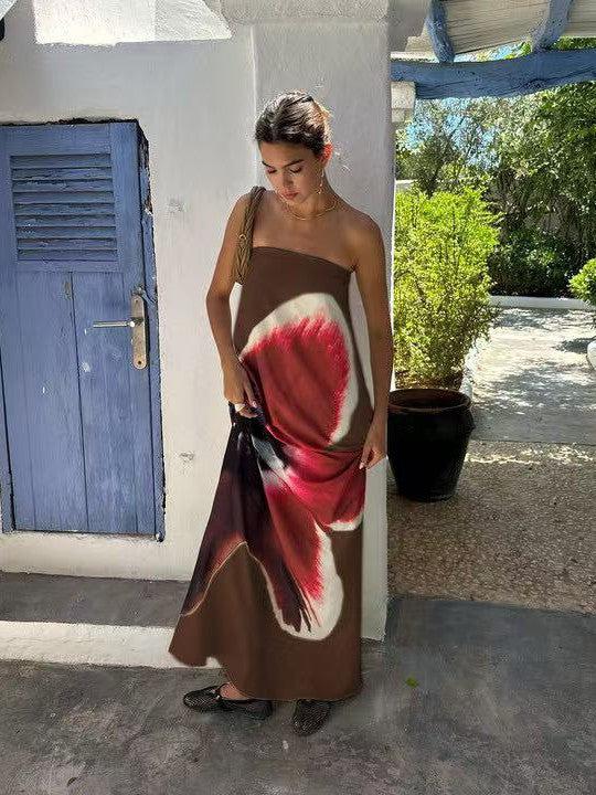 Print Backless Tube Belt Maxi Dress