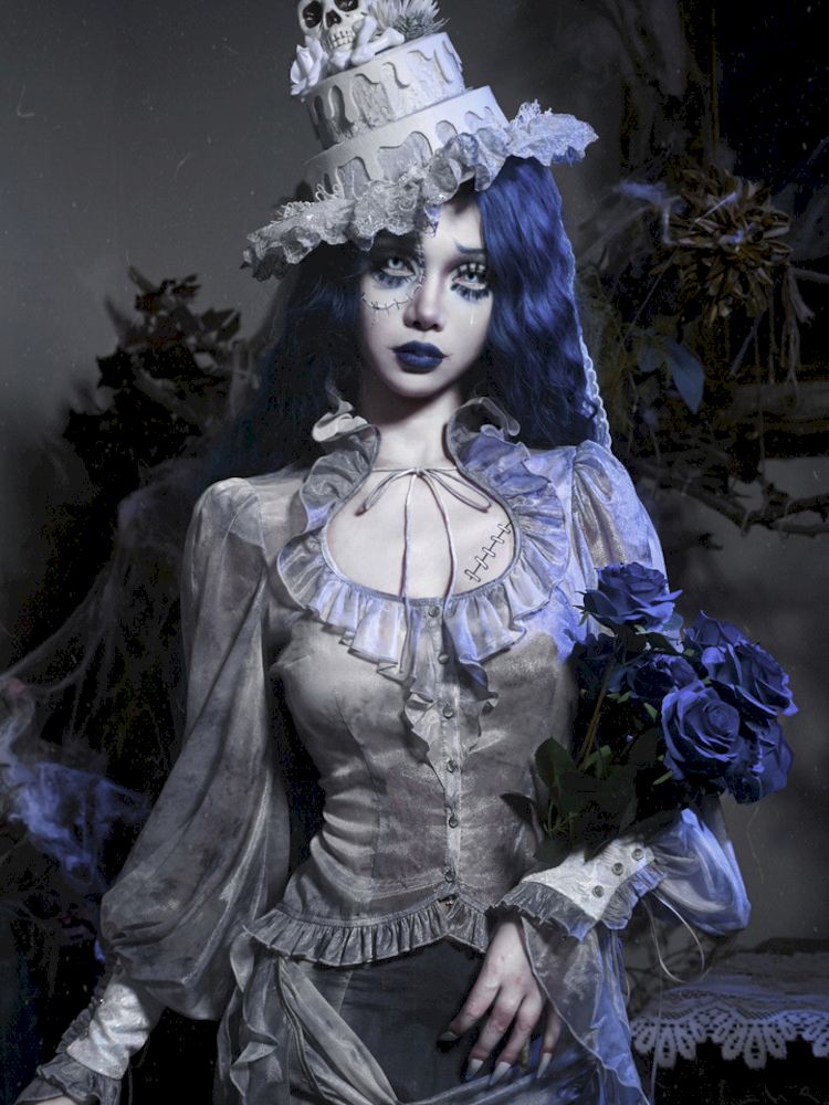 Victorian-style Blouse With Ruffled Collar and Billowing Sleeves