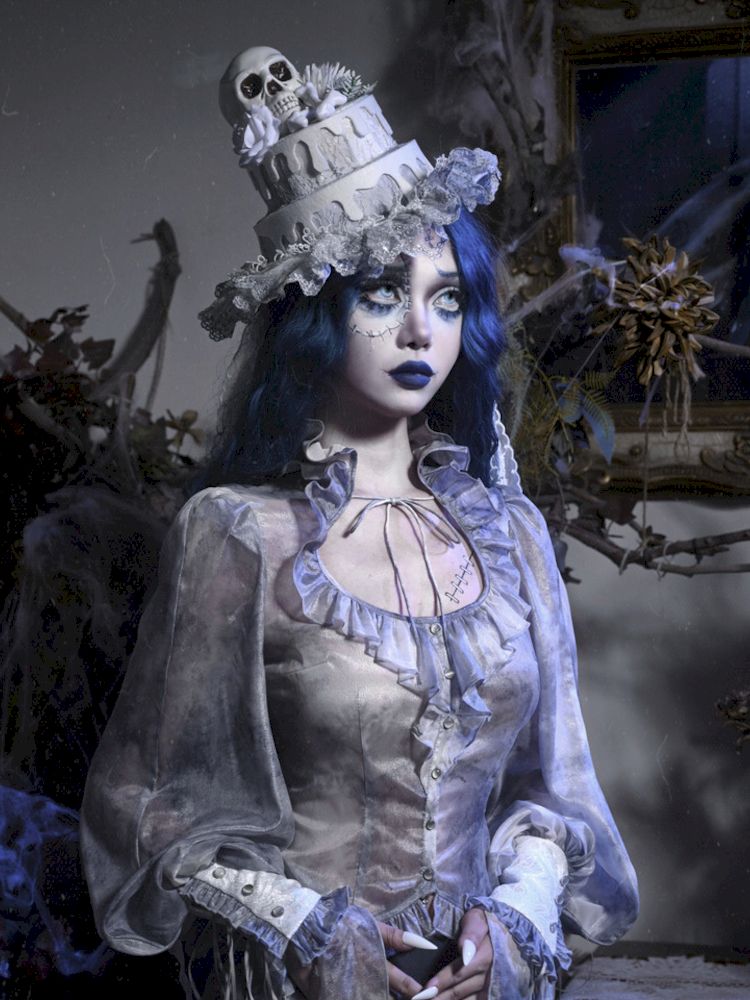 Victorian-style Blouse With Ruffled Collar and Billowing Sleeves
