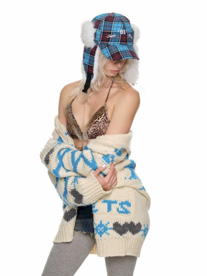 Cat Pixel Pattern Knit Cardigan