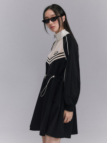 Sporty Flare Stand-collar Drawstring Jumpsuit