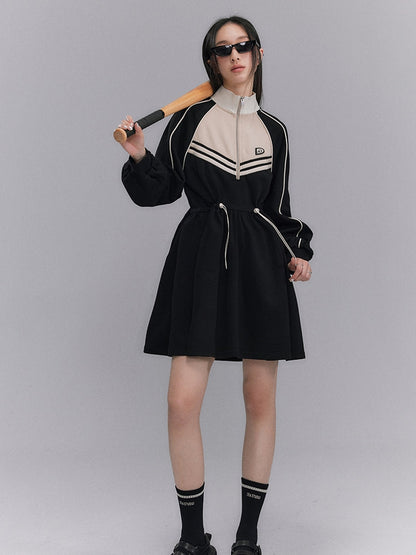 Sporty Flare Stand-collar Drawstring Jumpsuit