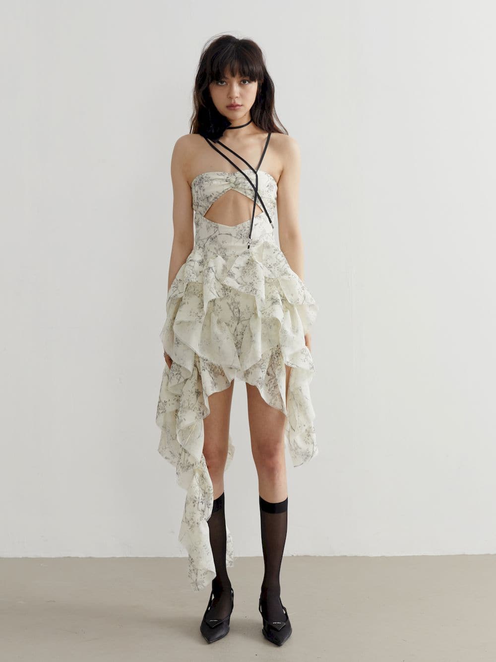 Fluffy Asymmetrical Front-cut Bare-top One-piece