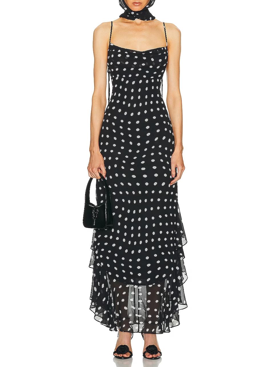 Black and Cream Polka Dot Ruffle Maxi Dress