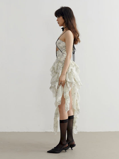 Fluffy Asymmetrical Front-cut Bare-top One-piece