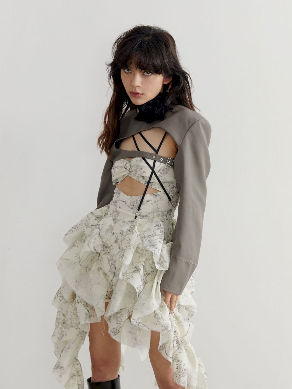 Fluffy Asymmetrical Front-cut Bare-top One-piece
