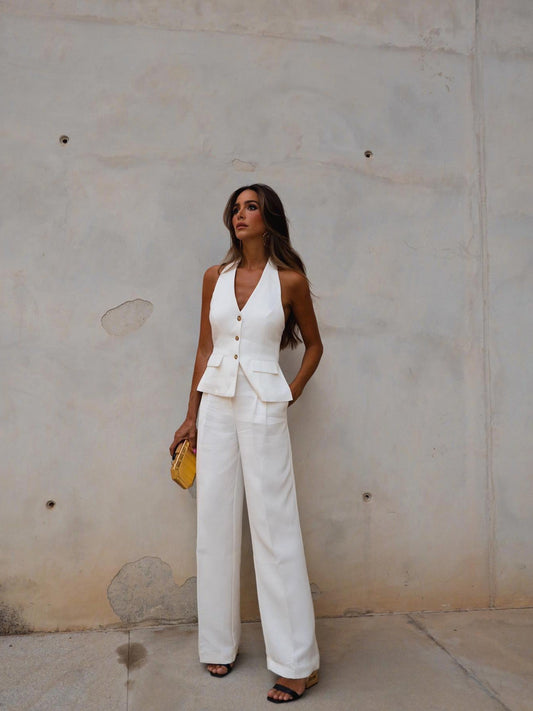 Halterneck Vest Waist Coat & Wide Leg Pants Coord Set