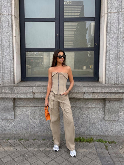 Zipper Tube Fold Top & Cargo Pants Coord Set