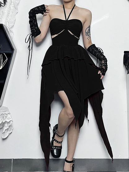 Halter Neck Sleeveless Ruched Bodycon Asymmetrical A-line Hem Party Cocktail Mini Dress