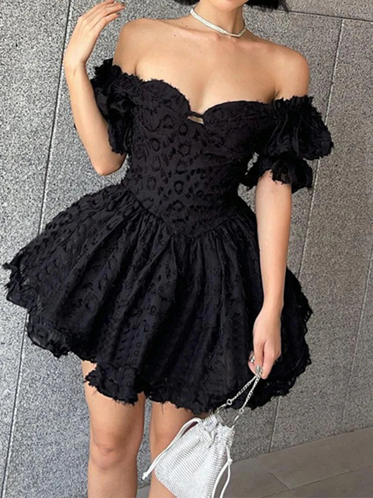Lolita Summer High Waist Black Ball Gown Goth Aesthetic Puff Sleeve V-neck Corset Mini Dress