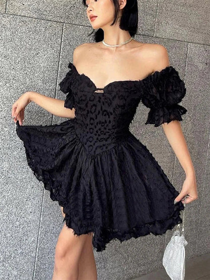 Lolita Summer High Waist Black Ball Gown Goth Aesthetic Puff Sleeve V-neck Corset Mini Dress