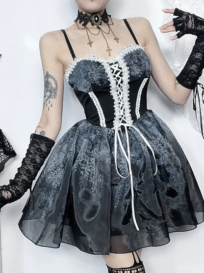 Gothic Spliced Printed Suspender Corset a Line Kawaii Mini Dress