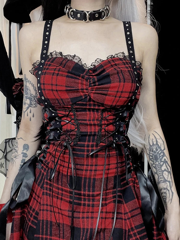 Red Plaid Street Goth Fairy Grunge Y2k Pleated Lace-up Tube Lolita Eyelet Corset Mini Dress