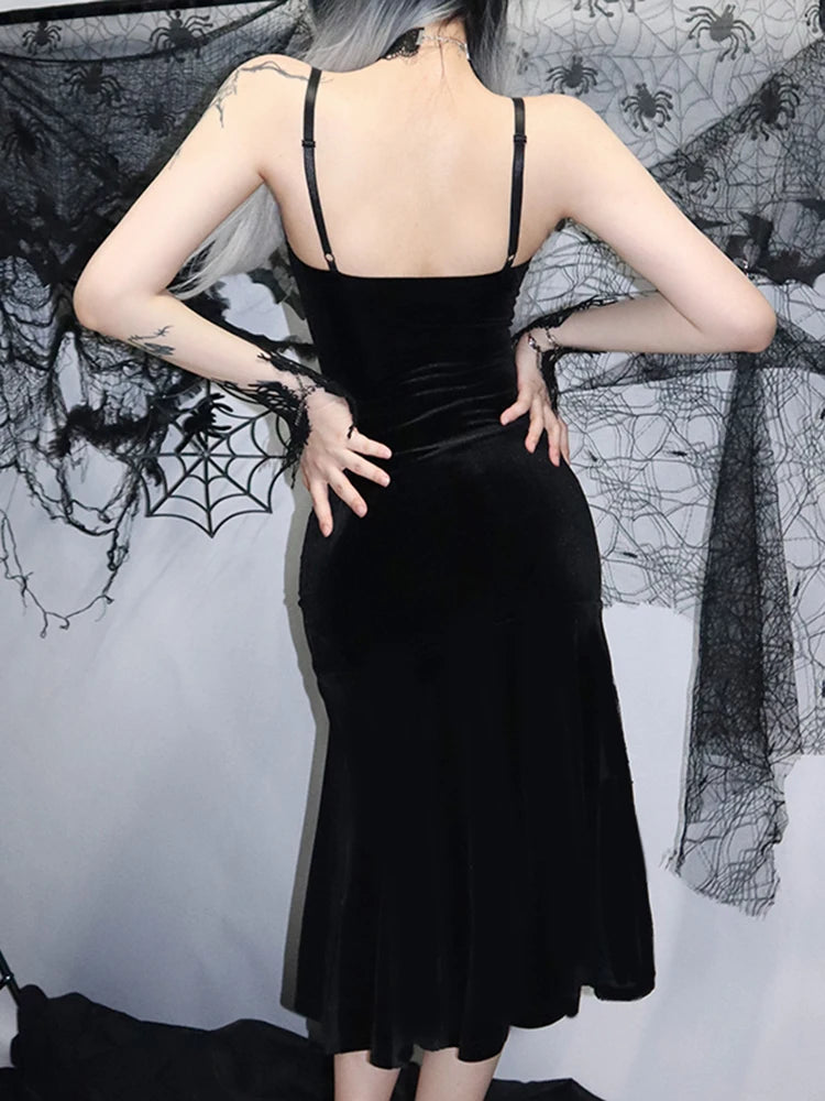 Spaghetti Strap Backless Velvet Gothic Cross Black Lace Patchwork Maxi Dress
