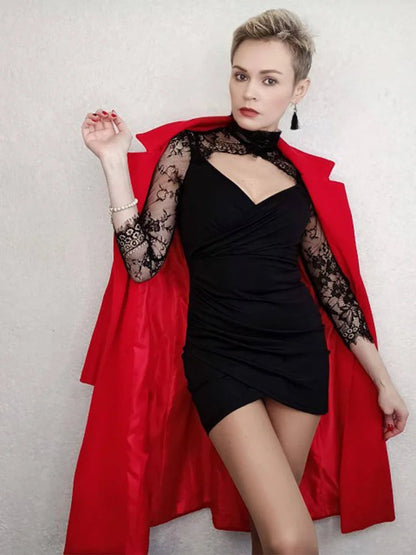 Lace Long Sleeve Bodycon Hollow Out Turtle Neck Gothic Mini Dress