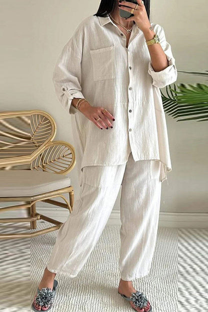 Irregular Hem Button Cuff Blouse Pants Set
