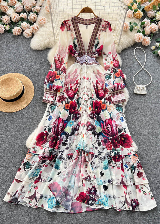 Italian Apricot V Neck Print Elastic Waist Chiffon Maxi Dresses Fall Tr041