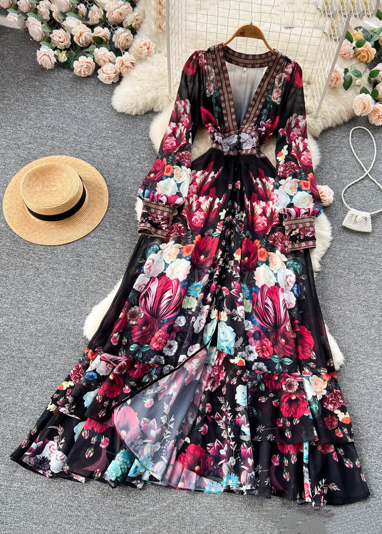 Italian Apricot V Neck Print Elastic Waist Chiffon Maxi Dresses Fall Tr041