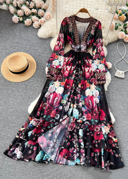 Italian Apricot V Neck Print Elastic Waist Chiffon Maxi Dresses Fall Tr041