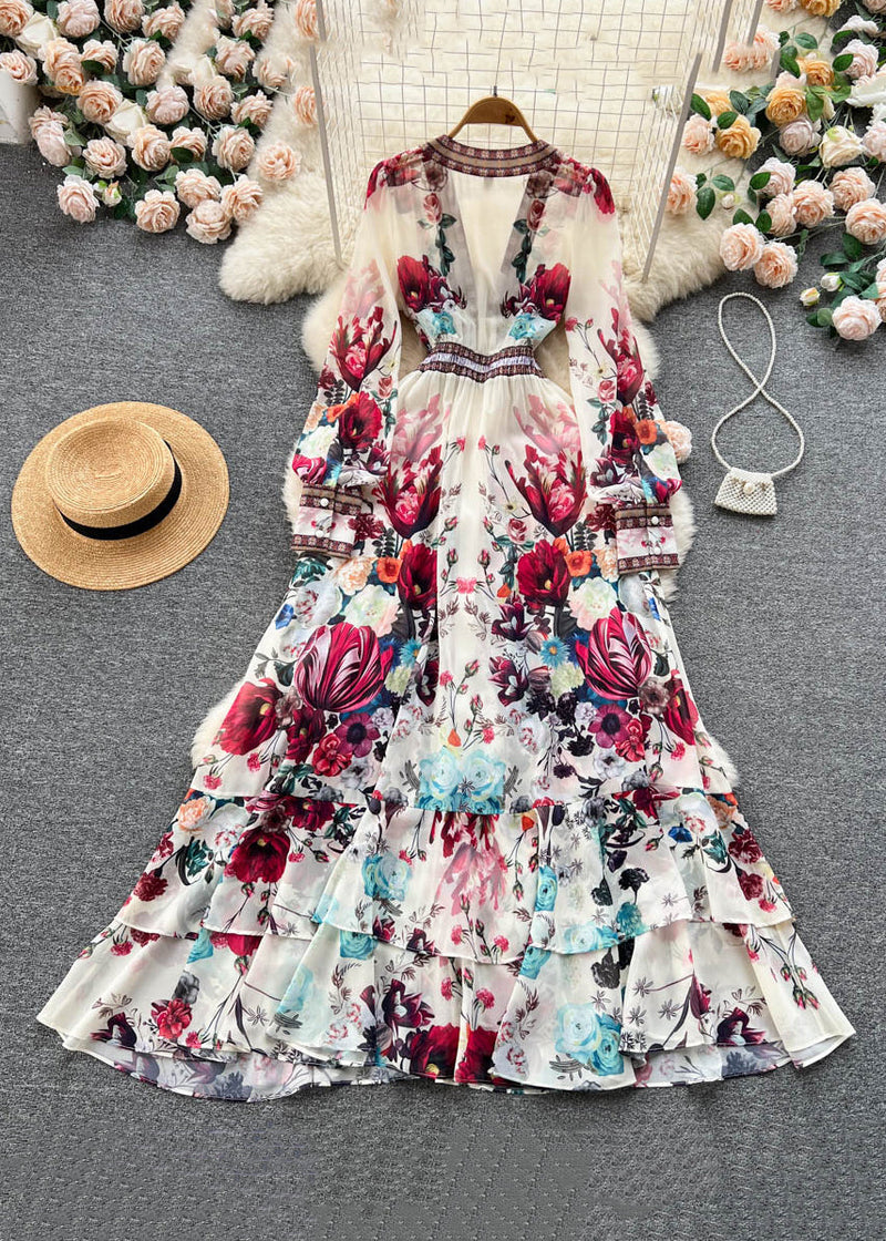 Italian Apricot V Neck Print Elastic Waist Chiffon Maxi Dresses Fall Tr041