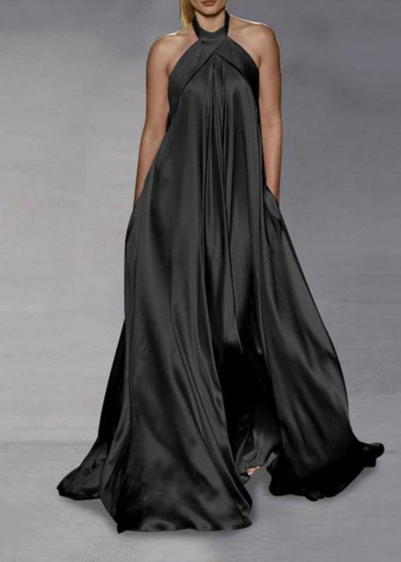Italian Black Halter Patchwork Silk Long Dress Summer Zl059