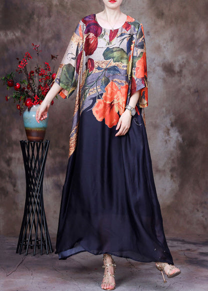 Italian Black O Neck Print Pockets Silk Long Dress Summer Aa1031