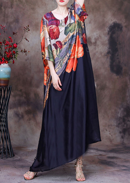 Italian Black O Neck Print Pockets Silk Long Dress Summer Aa1031