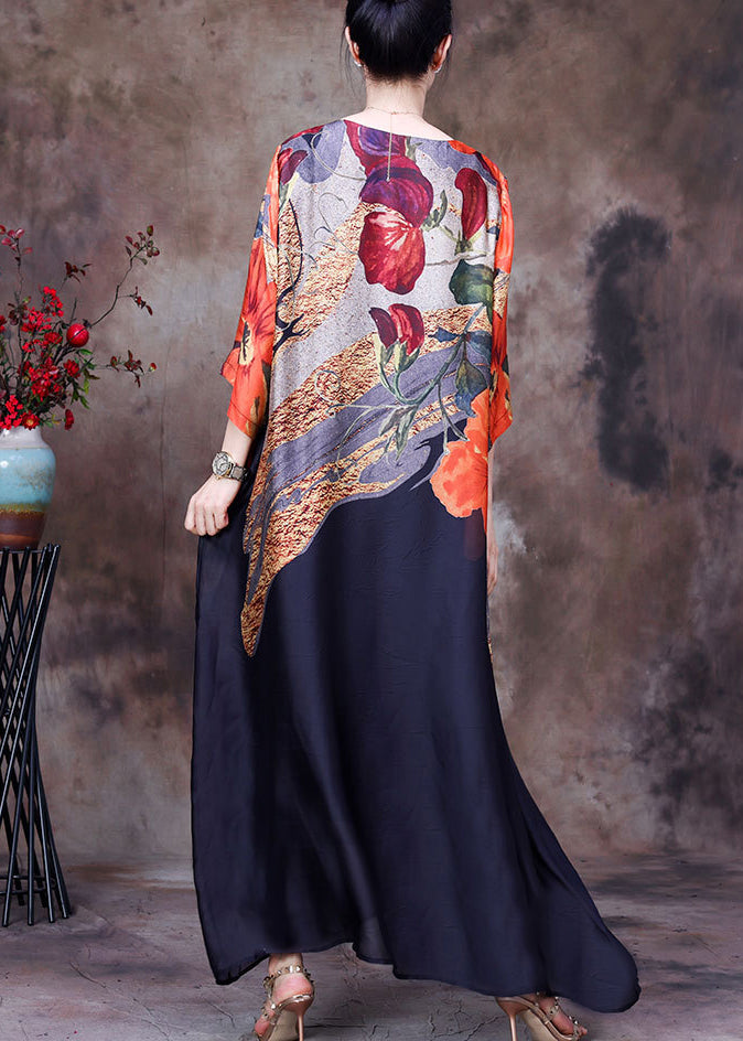 Italian Black O Neck Print Pockets Silk Long Dress Summer Aa1031
