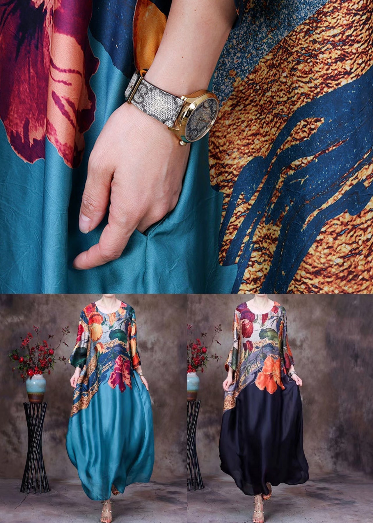 Lake Blue Pockets Print Silk Long Dresses O Neck Half Sleeve Aa1030