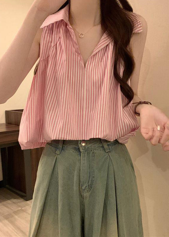 Italian Blue Striped Peter Pan Collar Cotton Blouses Sleeveless Op1037
