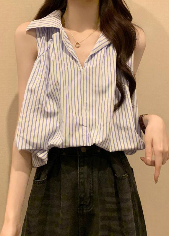 Italian Blue Striped Peter Pan Collar Cotton Blouses Sleeveless Op1037