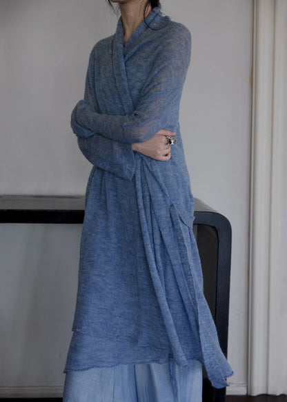 Italian Blue Tie Waist Asymmetrical Woolen Cardigans Fall We009