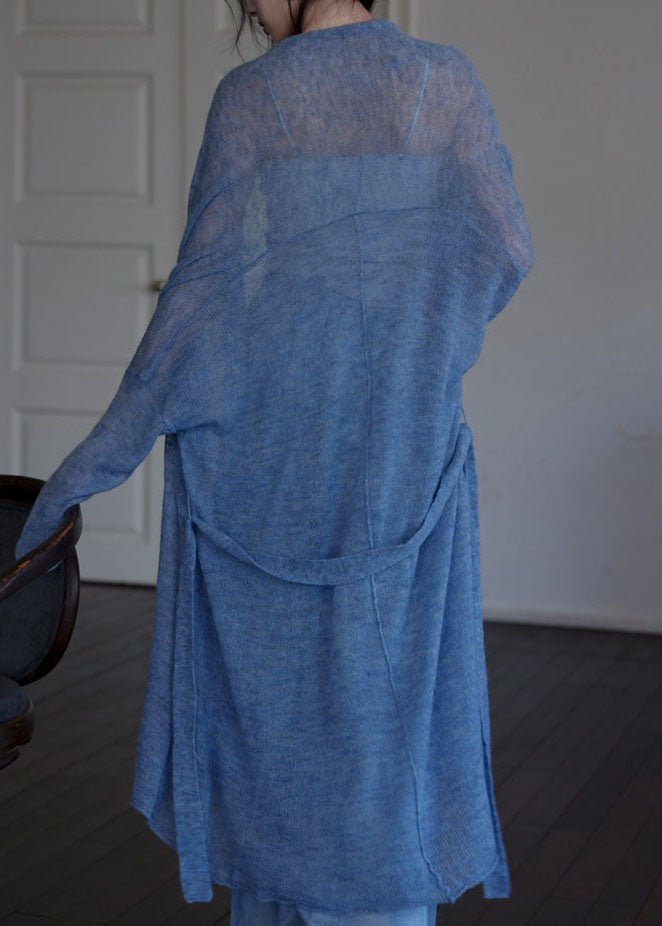 Italian Blue Tie Waist Asymmetrical Woolen Cardigans Fall We009