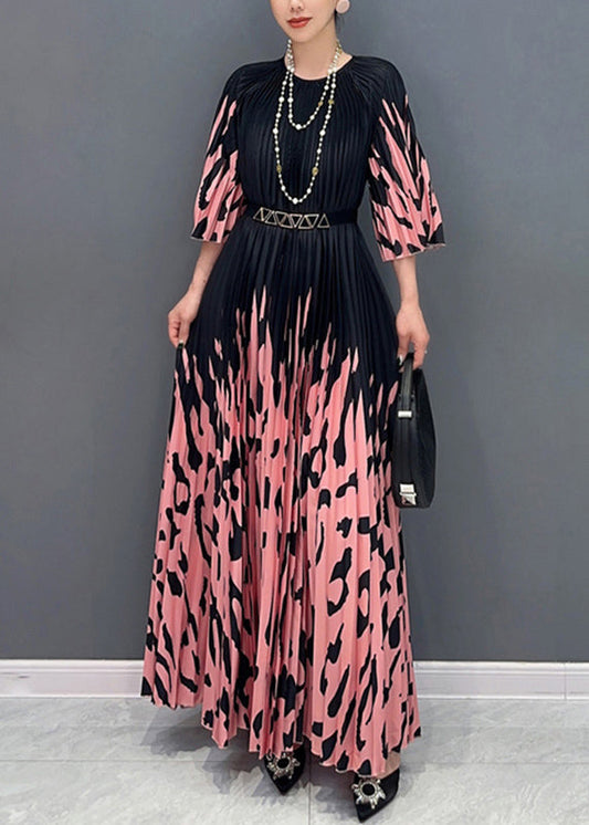 Italian Colorblock O-neck Cinched Print Long Dresses Bracelet Sleeve Uu1015