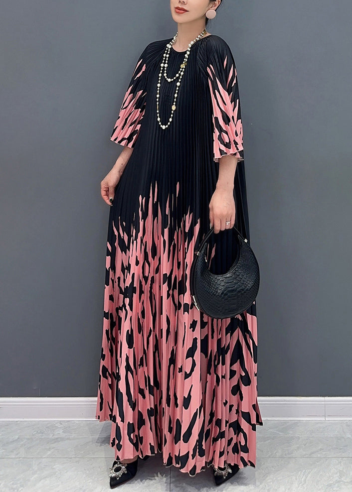 Italian Colorblock O-neck Cinched Print Long Dresses Bracelet Sleeve Uu1015