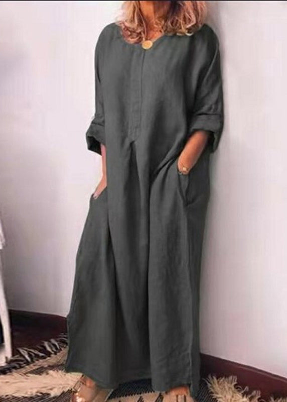 Italian Green O Neck Pockets Cotton Long Dress Fall Qr013