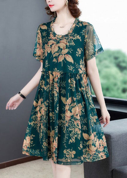 Italian Green O-neck Print Holiday Long Dress Summer Ly1781