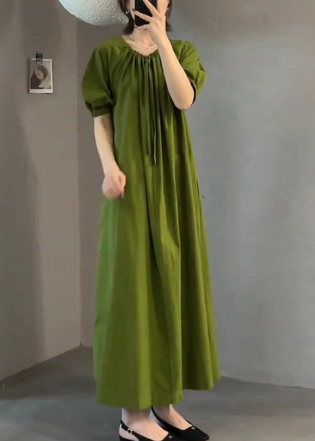 Italian Green O Neck Wrinkled Cotton Long Dress Summer Ee1013